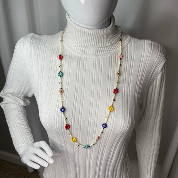 multi colored fun necklace with matching pierced stud earrings white red blue - Picture 1 of 16